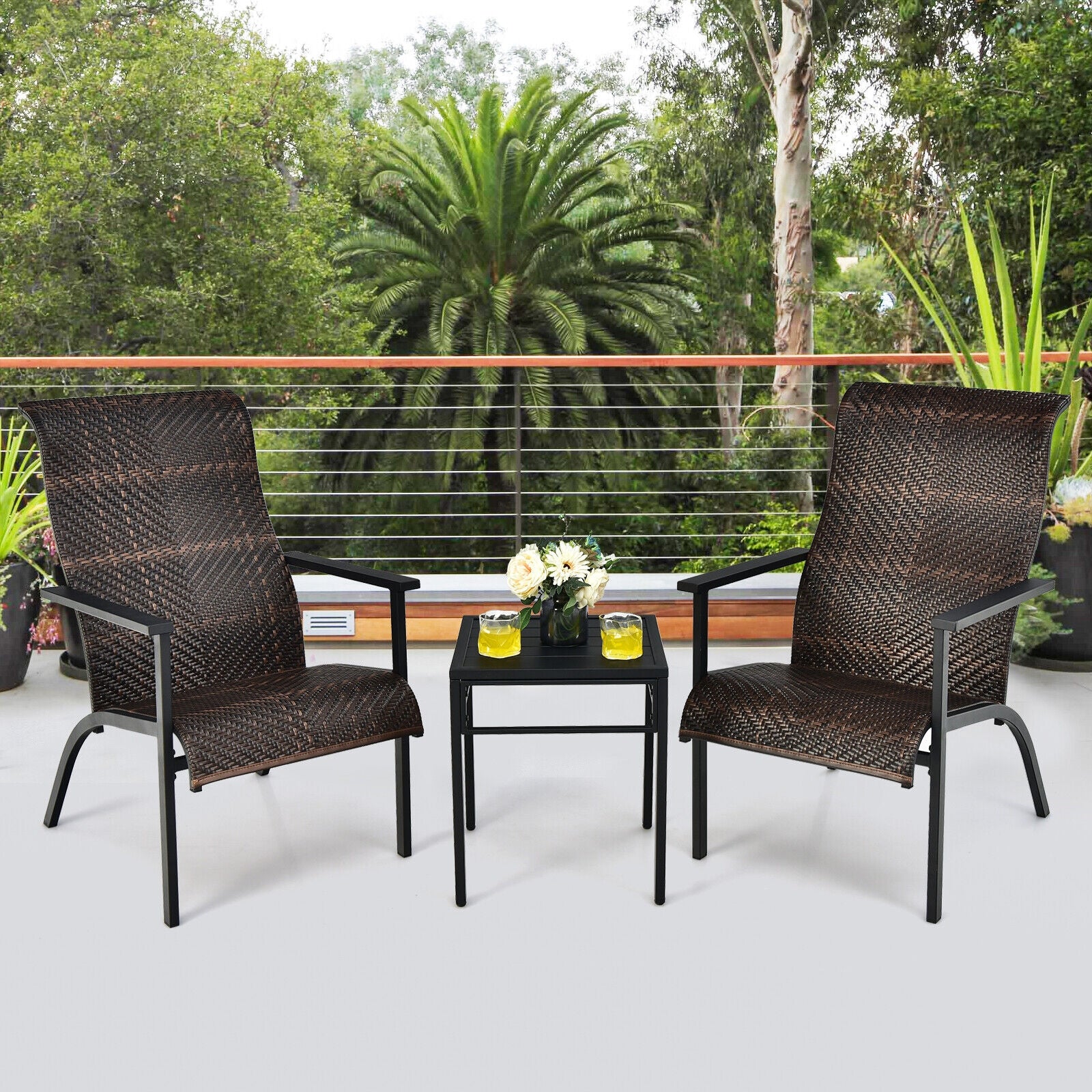 3 Pieces Patio Rattan Bistro Set with High Backrest and Armrest, Brown Patio Conversation Sets at Gallery Canada