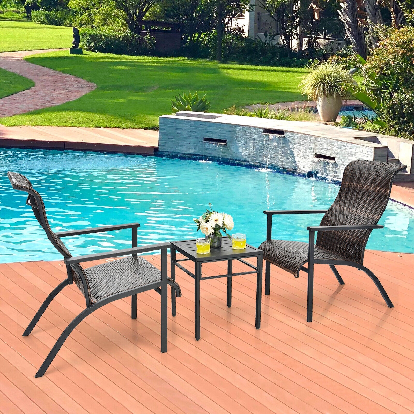 3 Pieces Patio Rattan Bistro Set with High Backrest and Armrest, Brown Patio Conversation Sets at Gallery Canada