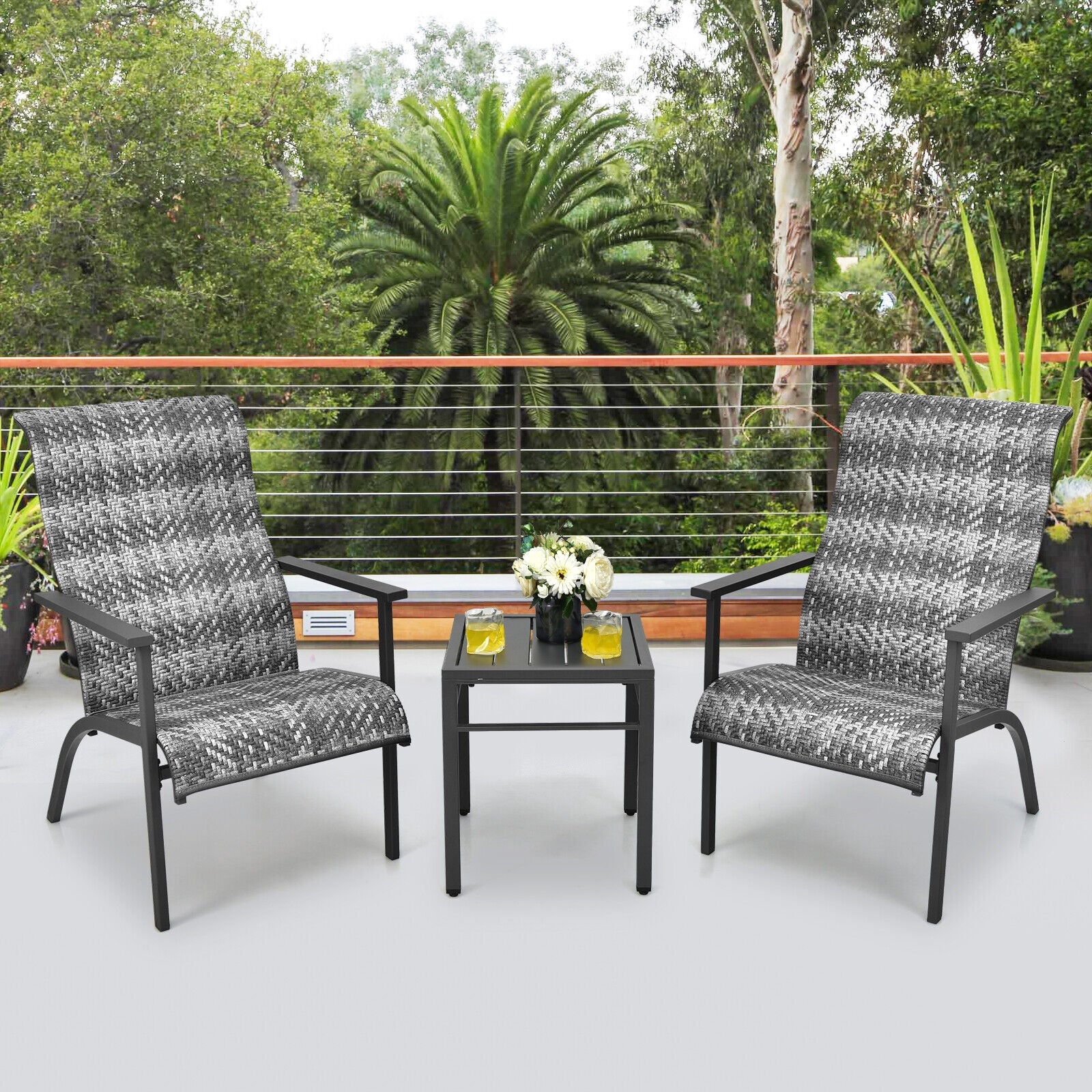 3 Pieces Patio Rattan Bistro Set with High Backrest and Armrest, Gray Patio Conversation Sets at Gallery Canada