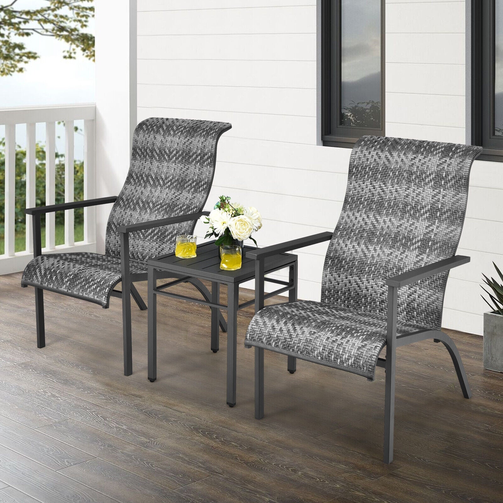 3 Pieces Patio Rattan Bistro Set with High Backrest and Armrest, Gray Patio Conversation Sets at Gallery Canada