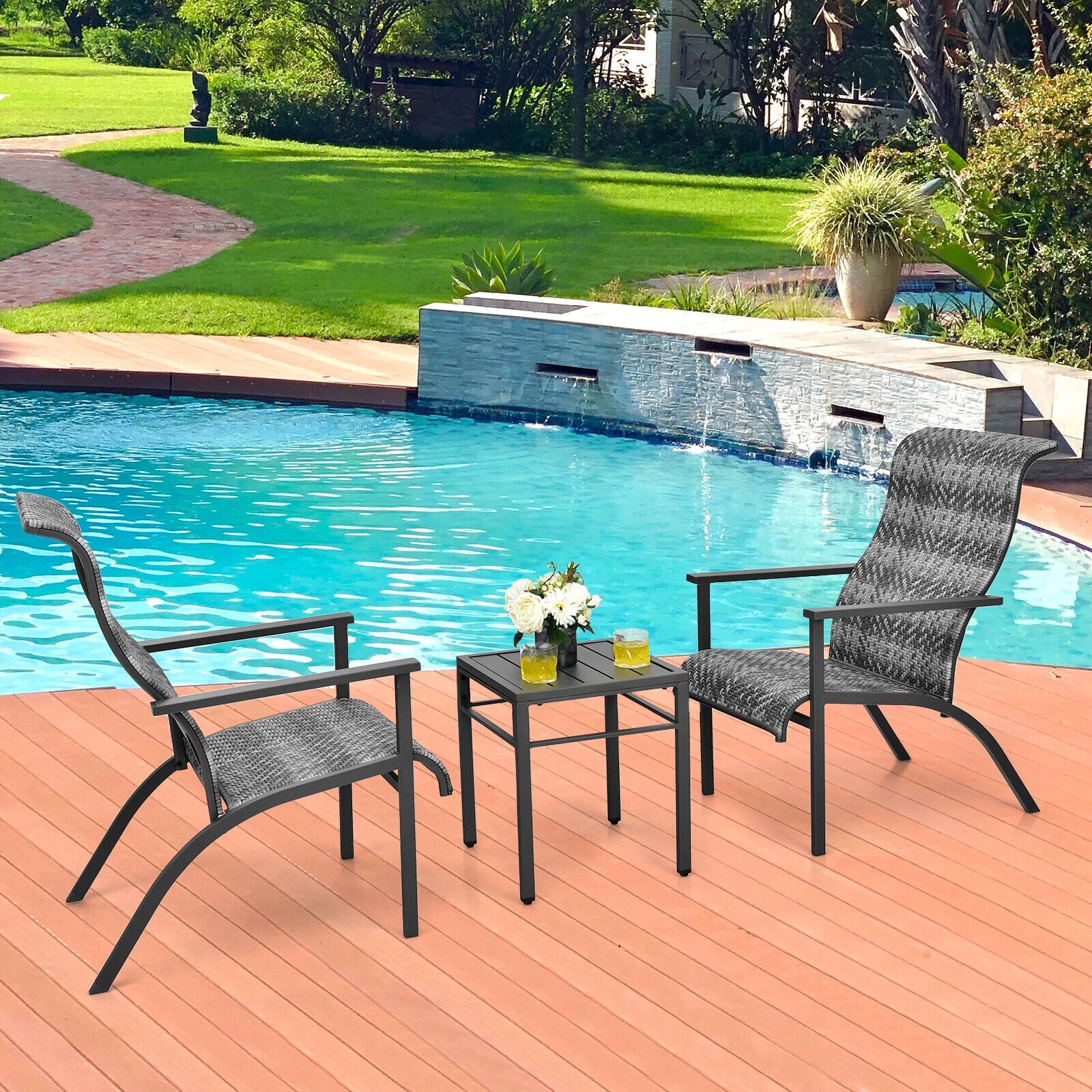 3 Pieces Patio Rattan Bistro Set with High Backrest and Armrest, Gray Patio Conversation Sets at Gallery Canada