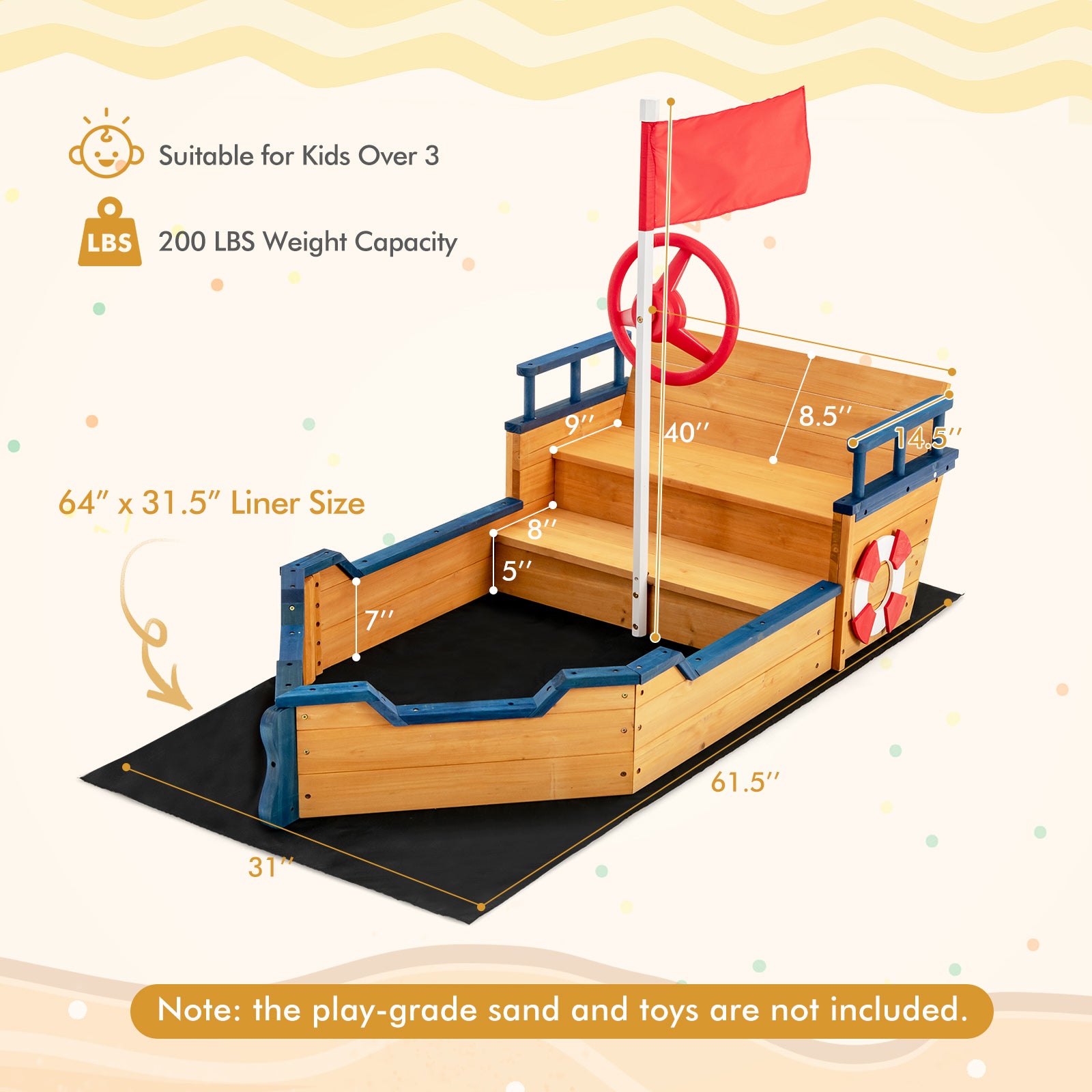 Kids Pirate Boat Wooden Sandbox Children Outdoor Playset, Natural Sandboxes at Gallery Canada
