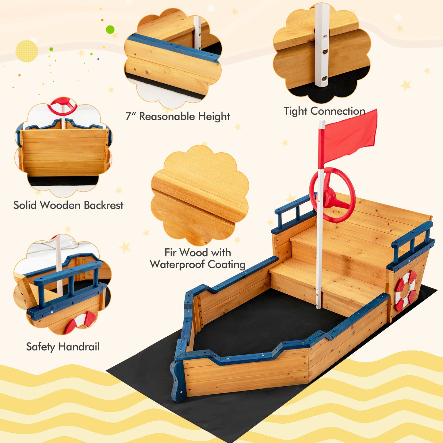 Kids Pirate Boat Wooden Sandbox Children Outdoor Playset, Natural Sandboxes at Gallery Canada