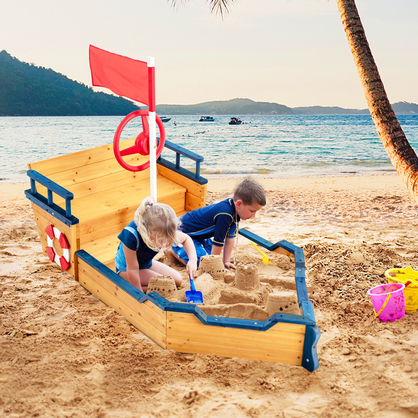 Kids Pirate Boat Wooden Sandbox Children Outdoor Playset, Natural Sandboxes at Gallery Canada
