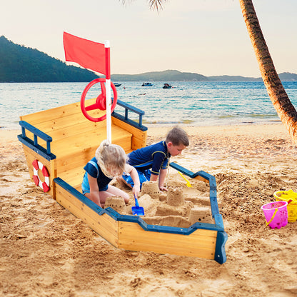 Kids Pirate Boat Wooden Sandbox Children Outdoor Playset, Natural Sandboxes at Gallery Canada