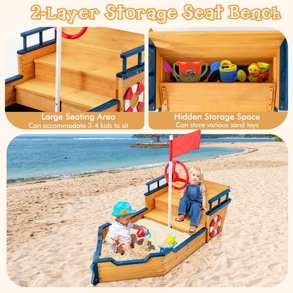 Kids Pirate Boat Wooden Sandbox Children Outdoor Playset, Natural Sandboxes at Gallery Canada