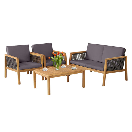 4 Pieces Patio Rattan Furniture Set with Removable Cushions, Gray Patio Conversation Sets Gray at Gallery Canada