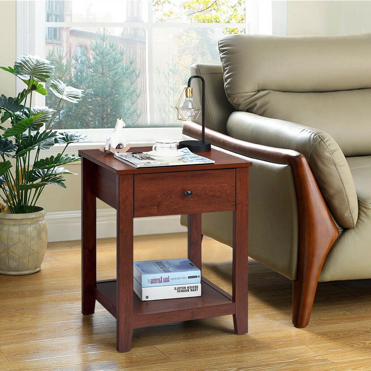 Set of 2 Nightstands, Storage Shelf, Pull Handle, Brown Nightstands at Gallery Canada