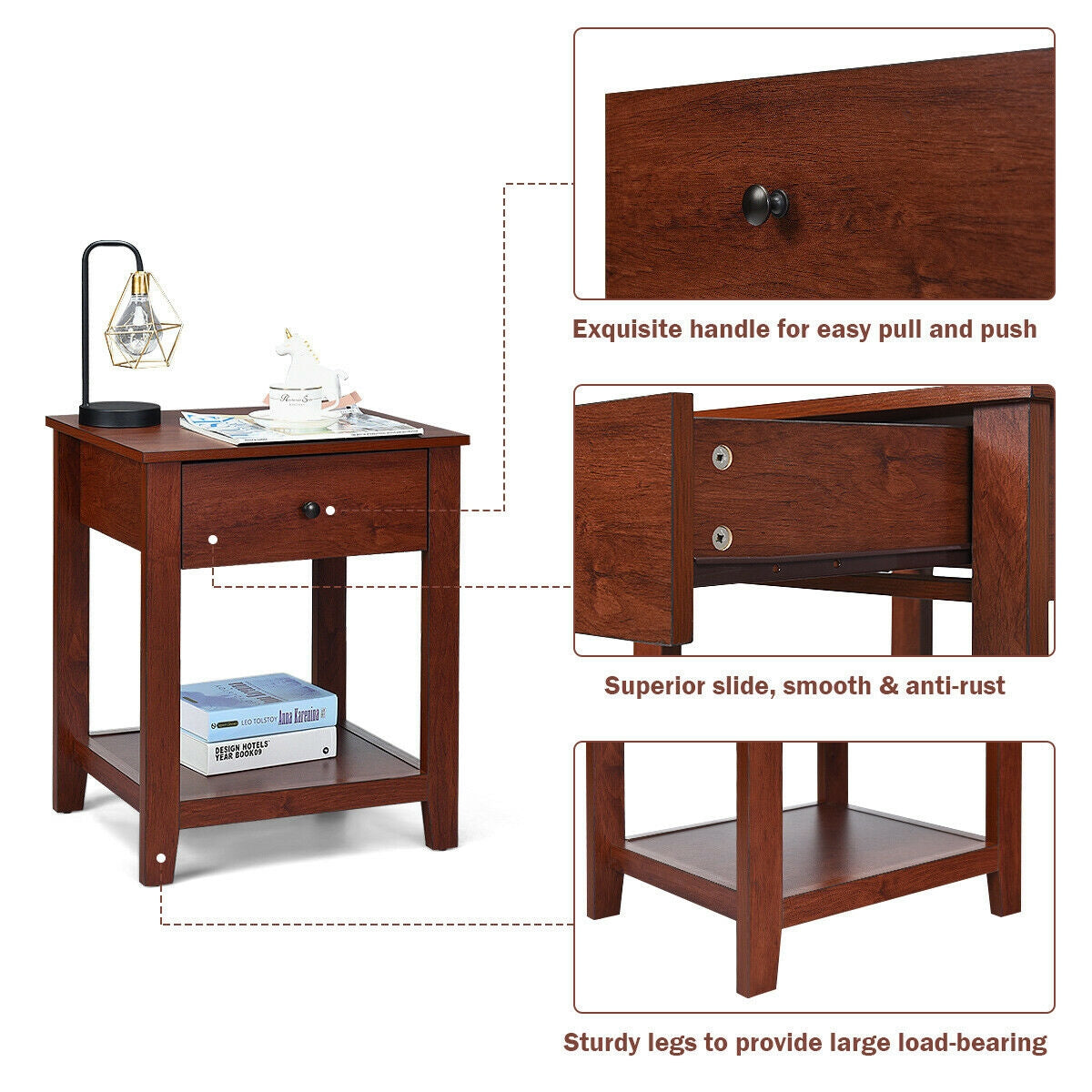 Set of 2 Nightstands, Storage Shelf, Pull Handle, Brown Nightstands at Gallery Canada