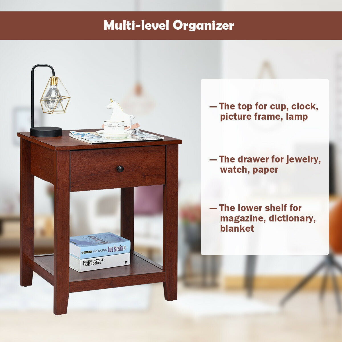 Set of 2 Nightstands, Storage Shelf, Pull Handle, Brown Nightstands at Gallery Canada