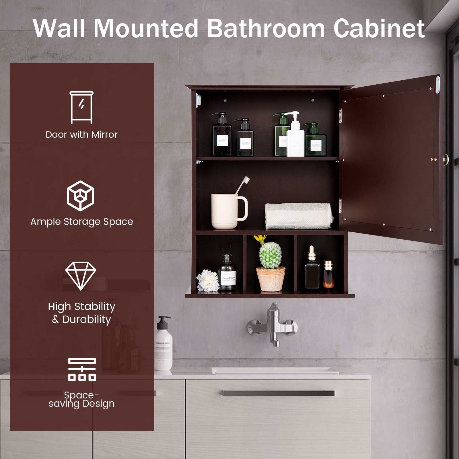 Wall Mounted and Mirrored Bathroom Cabinet, Brown Wall Cabinets at Gallery Canada