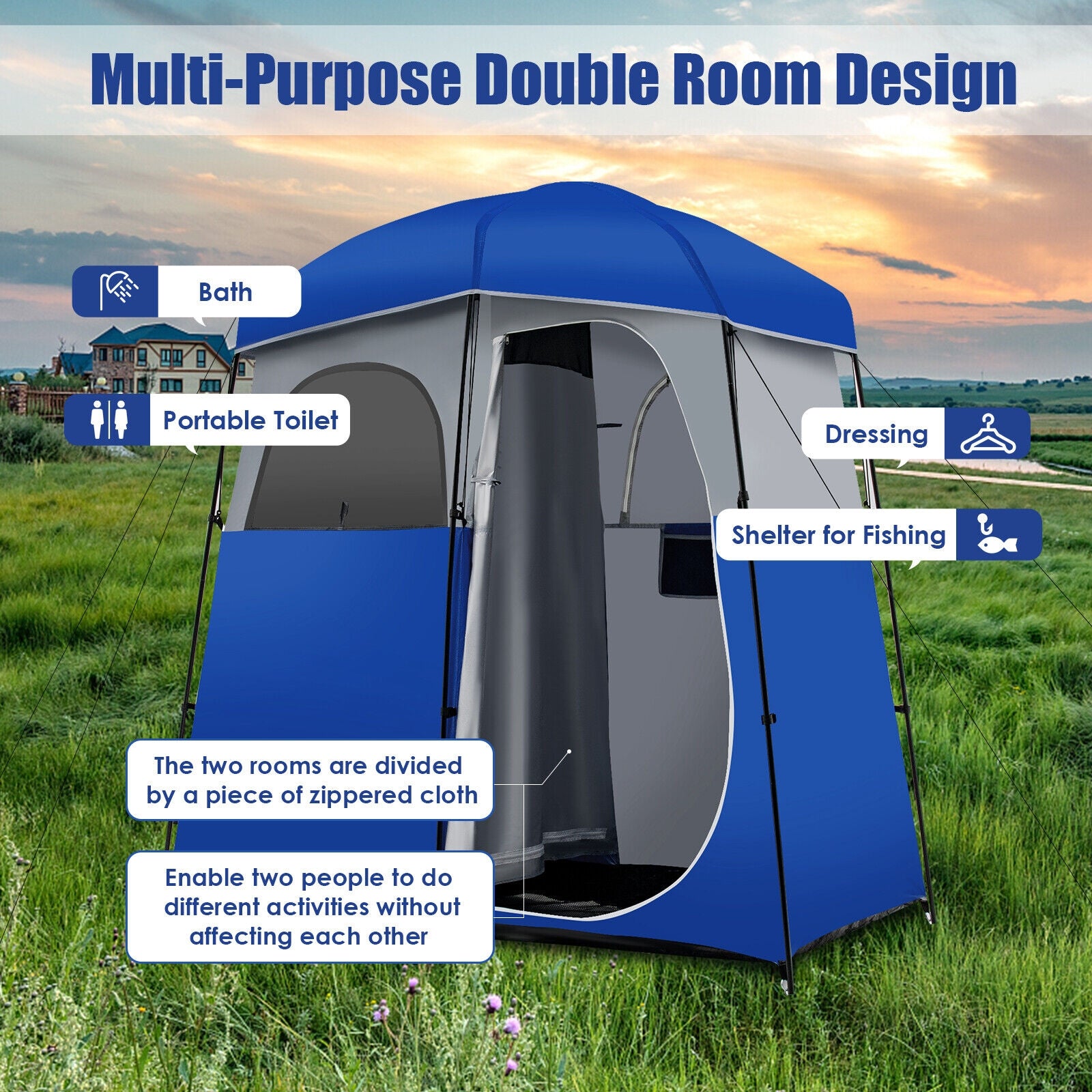 Double-Room Camping Toilet Tent with Floor and Portable Storage Bag, Blue Tents at Gallery Canada