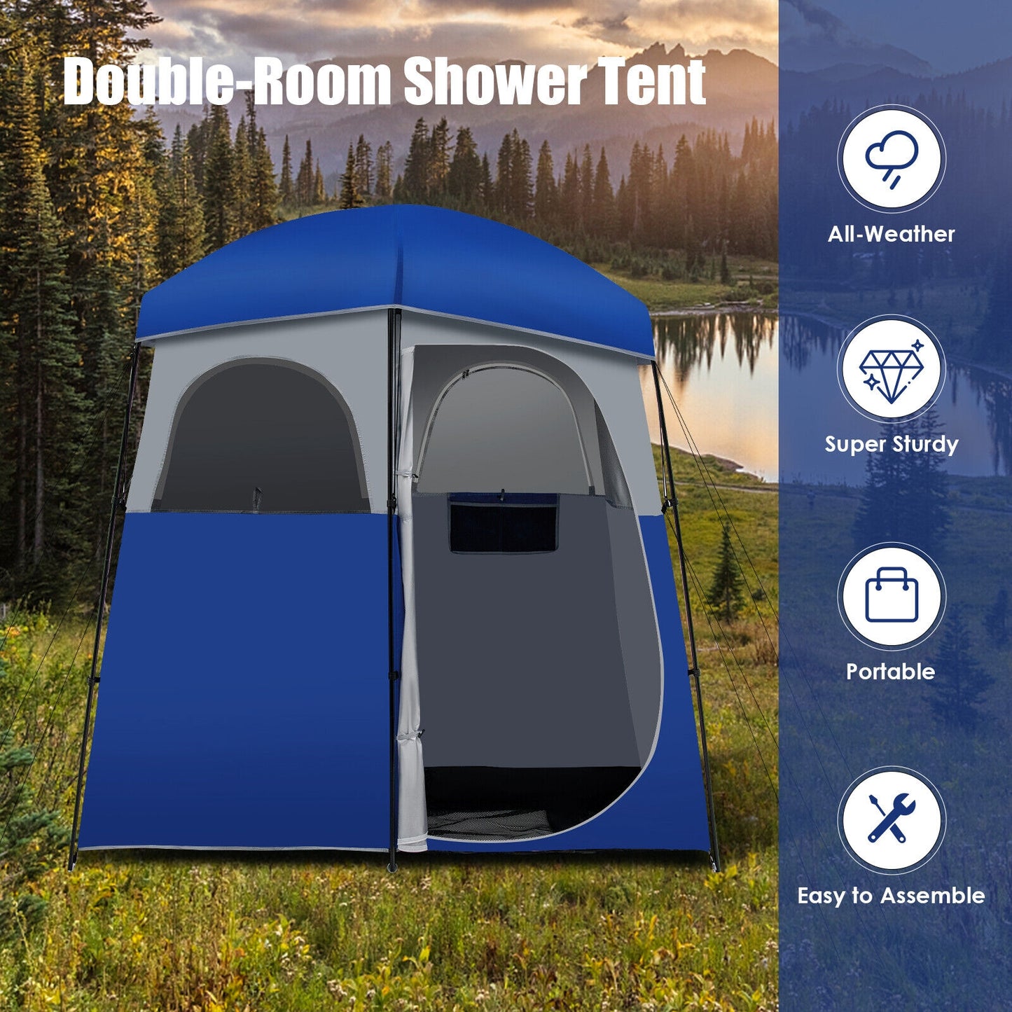 Double-Room Camping Toilet Tent with Floor and Portable Storage Bag, Blue Tents at Gallery Canada