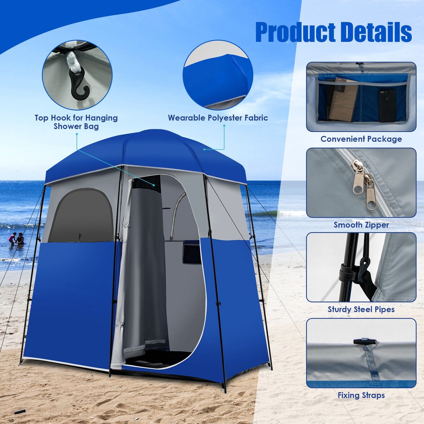 Double-Room Camping Toilet Tent with Floor and Portable Storage Bag, Blue Tents at Gallery Canada
