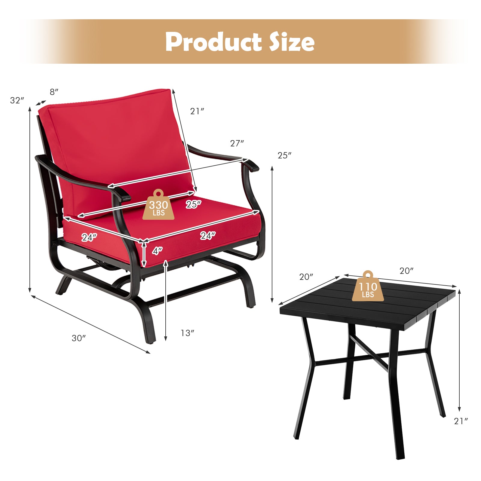 3 Piece Patio Rocking Chair Set with Coffee Table, Red Patio Conversation Sets at Gallery Canada