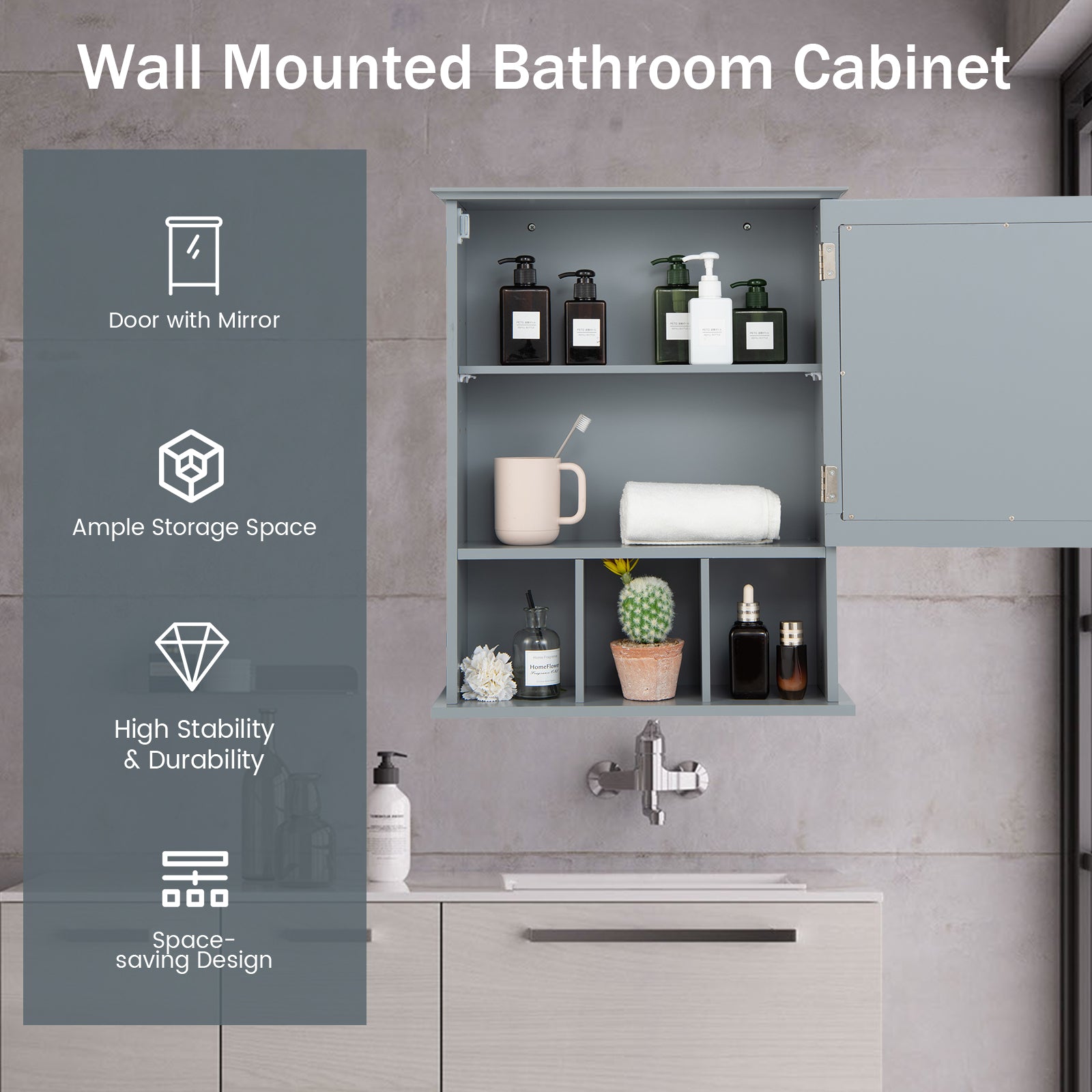 Wall Mounted and Mirrored Bathroom Cabinet, Gray Wall Cabinets at Gallery Canada