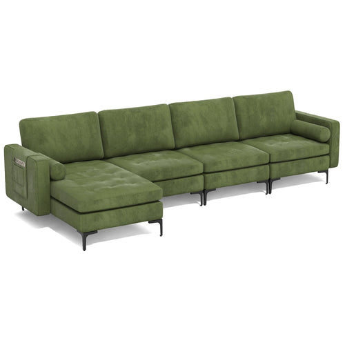 Modular 4-Seat L-Shaped Sectional Sofa, Reversible Chaise, USB Ports, Army Green