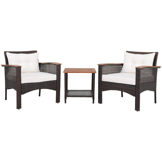 3-Piece Patio Rattan Furniture Set, Acacia Wood Tabletop, Off White