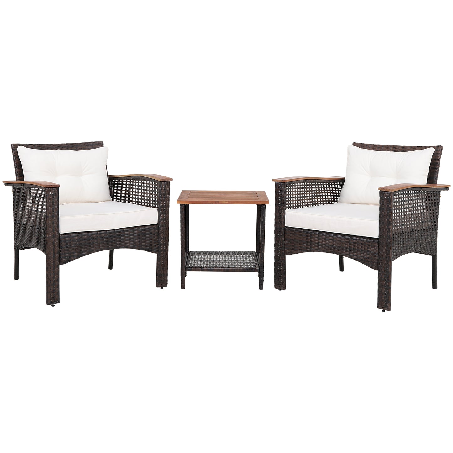 3 Pieces Patio Rattan Furniture Set with Acacia Wood Tabletop, Off White Patio Conversation Sets Off White at Gallery Canada