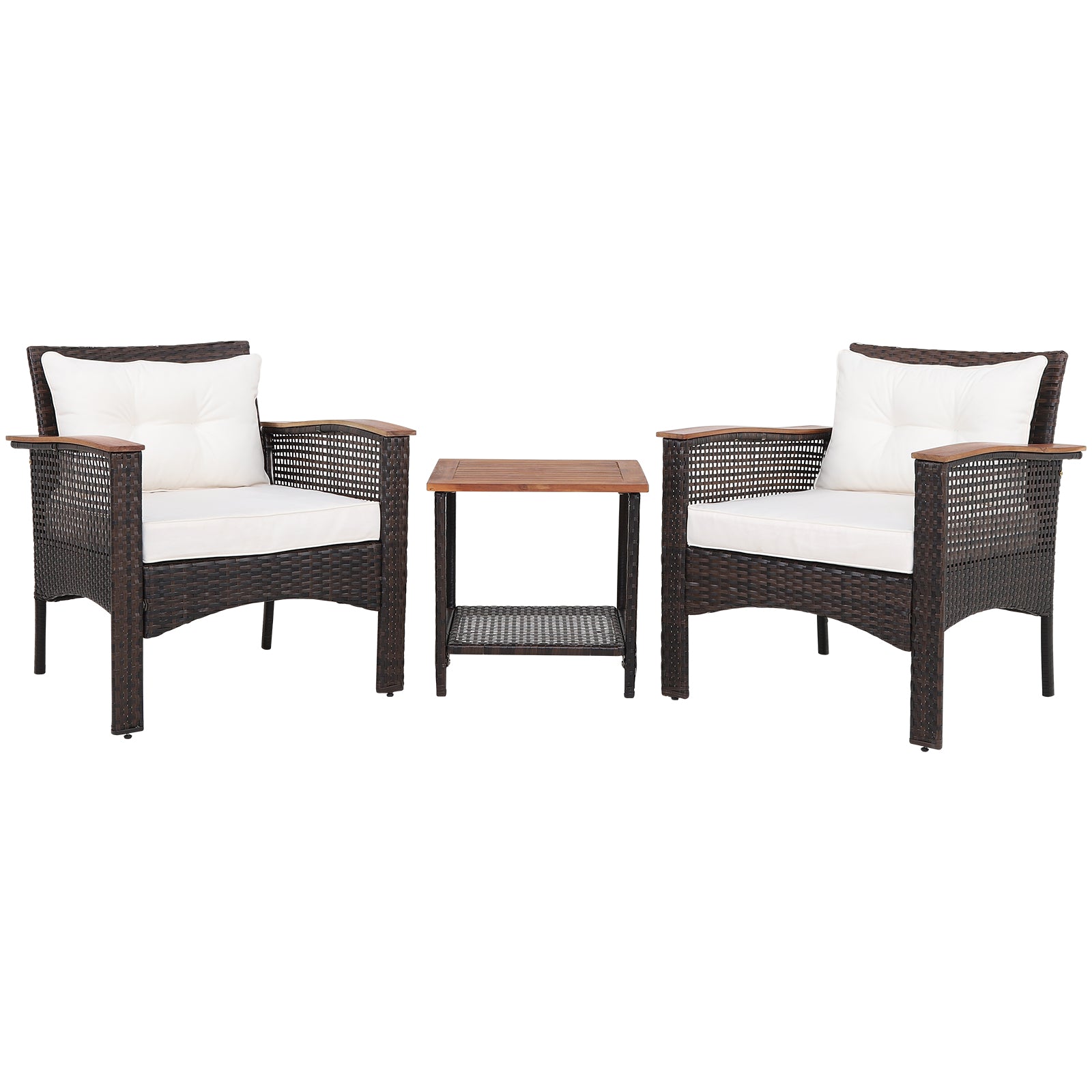3 Pieces Patio Rattan Furniture Set with Acacia Wood Tabletop, Off White Patio Conversation Sets Off White at Gallery Canada