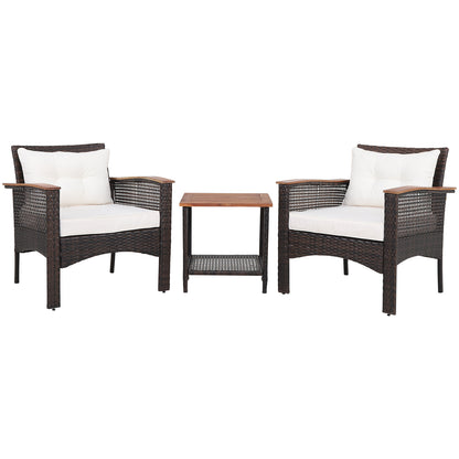 3 Pieces Patio Rattan Furniture Set with Acacia Wood Tabletop, Off White Patio Conversation Sets Off White at Gallery Canada
