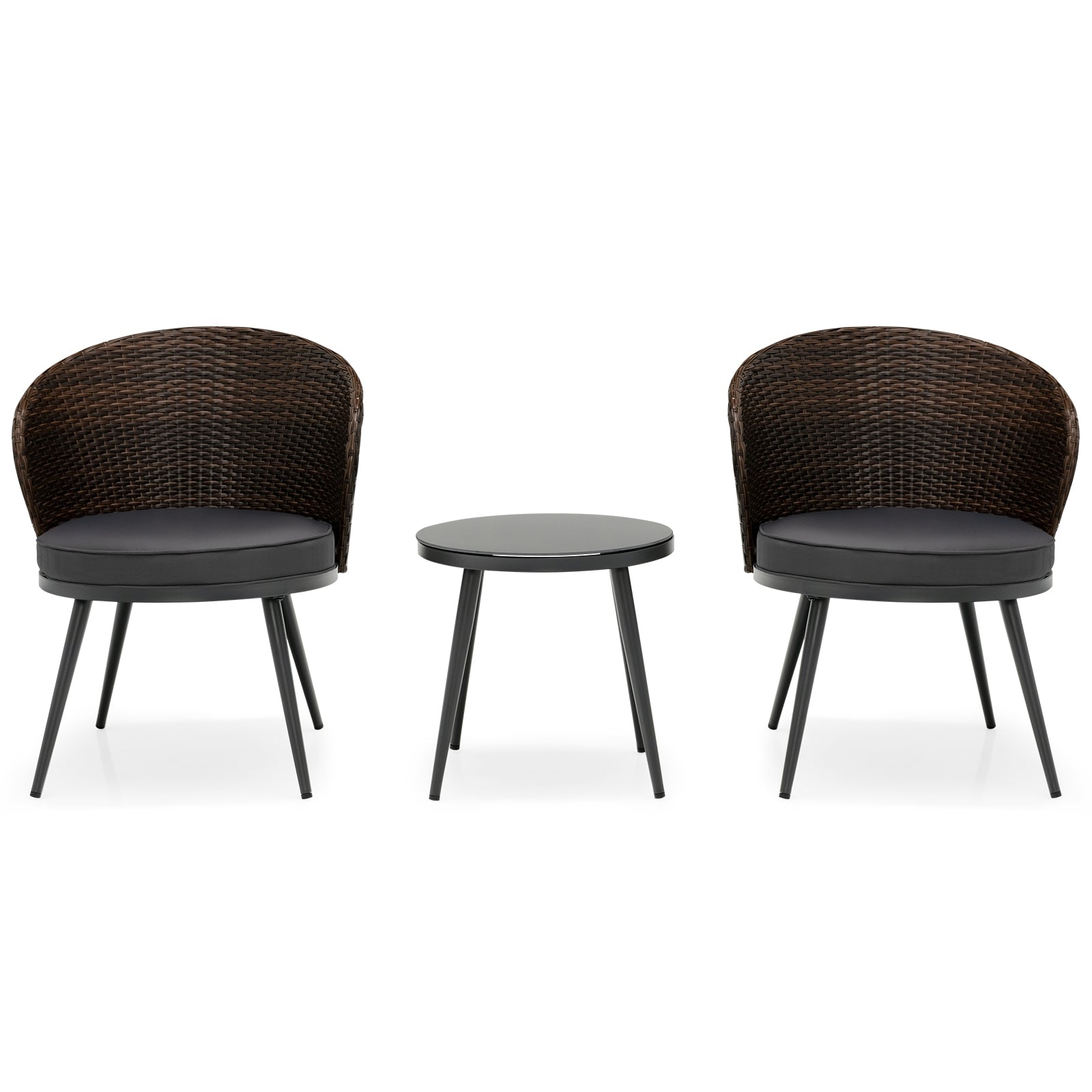 3 Pieces Patio Rattan Bistro Set with 2 Seat Cushions and Tempered Glass Tabletop, Brown Patio Conversation Sets Brown at Gallery Canada