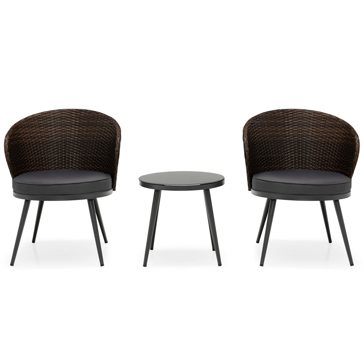 3 Pieces Patio Rattan Bistro Set with 2 Seat Cushions and Tempered Glass Tabletop, Brown Patio Conversation Sets Brown at Gallery Canada