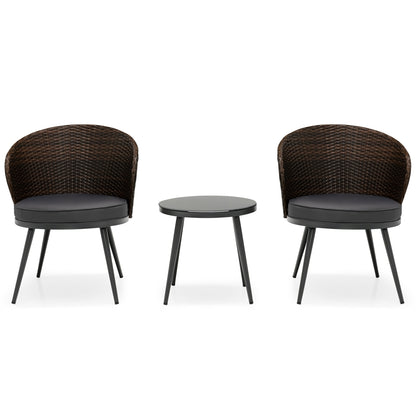 3 Pieces Patio Rattan Bistro Set with 2 Seat Cushions and Tempered Glass Tabletop, Brown Patio Conversation Sets Brown at Gallery Canada