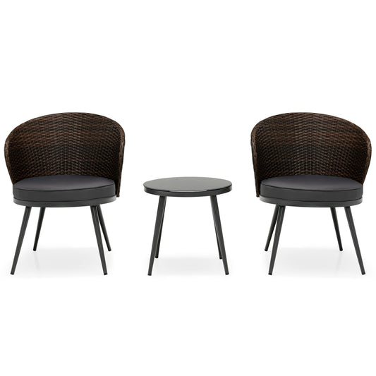 3 Pieces Patio Rattan Bistro Set with 2 Seat Cushions and Tempered Glass Tabletop, Brown Patio Conversation Sets Brown at Gallery Canada