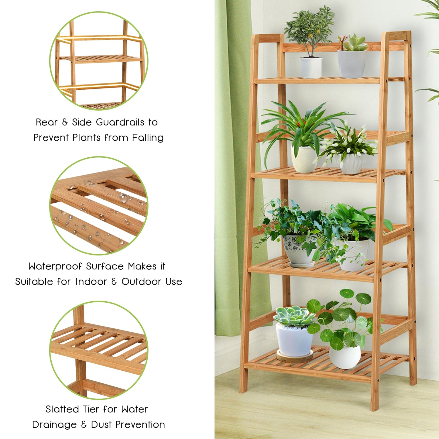 4-Tier Bamboo Plant Rack with Guardrails Stable and Space-Saving, Natural Bookcases at Gallery Canada