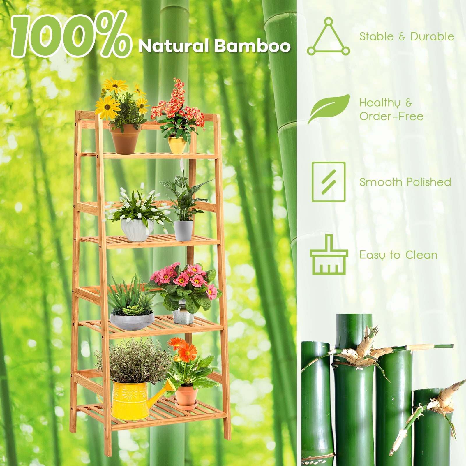 4-Tier Bamboo Plant Rack with Guardrails Stable and Space-Saving, Natural Bookcases at Gallery Canada