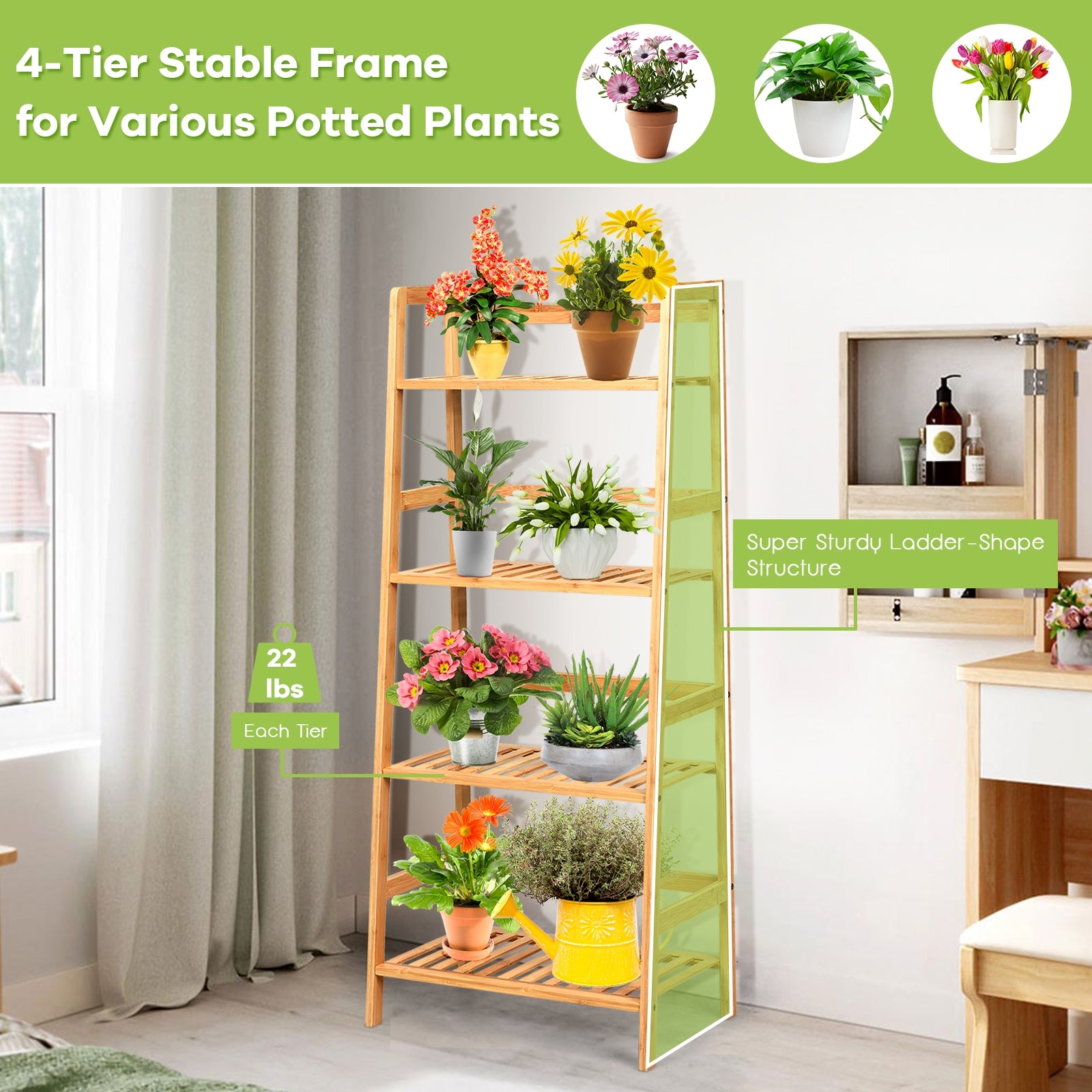 4-Tier Bamboo Plant Rack with Guardrails Stable and Space-Saving, Natural Bookcases at Gallery Canada
