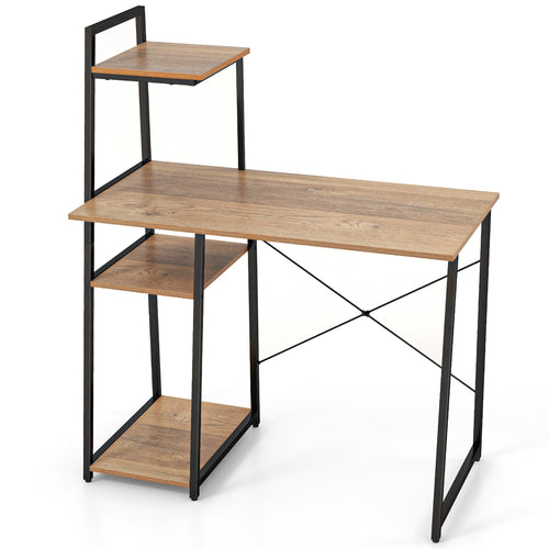 Compact Computer Desk Workstation, 4 Tier Shelves, Natural