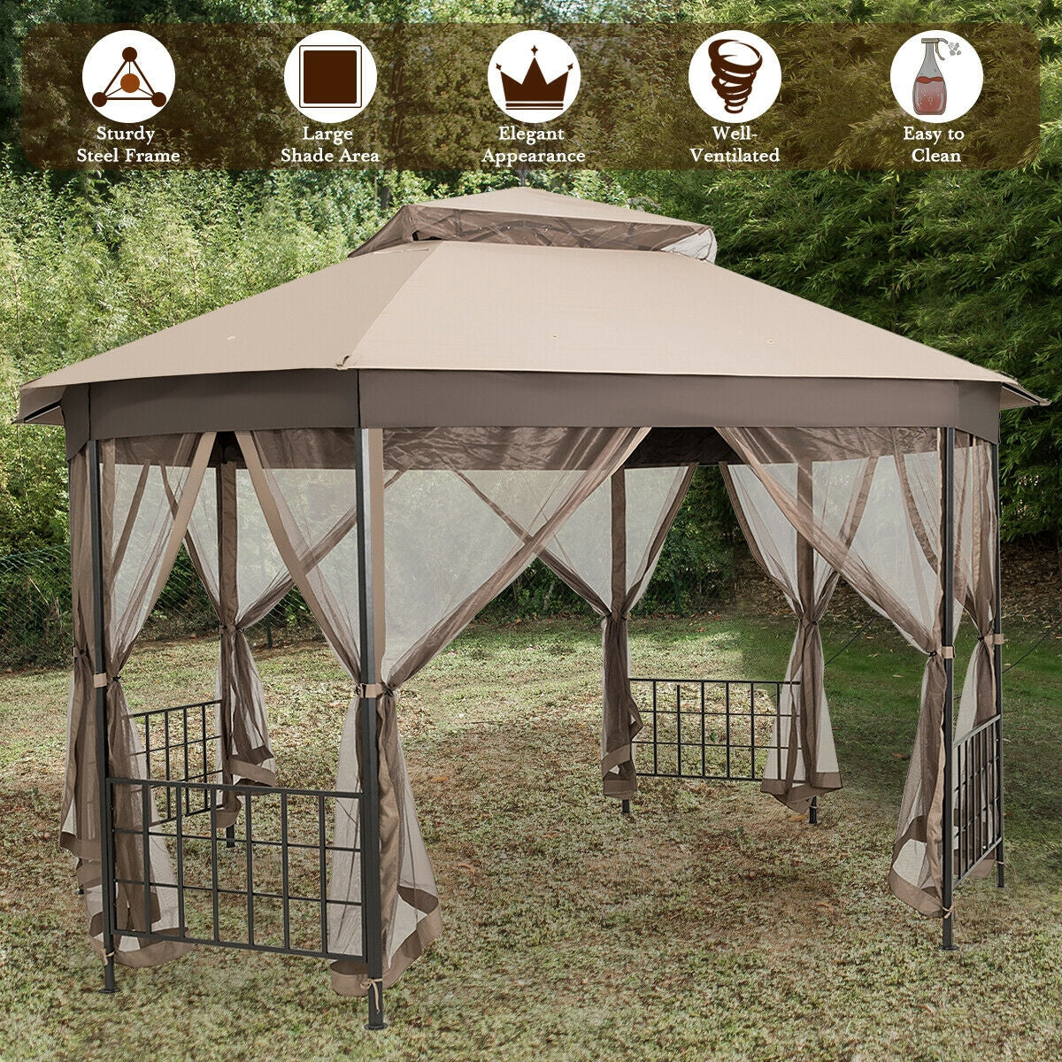 10’x 12’ Octagonal Patio Gazebo, Brown Gazebos at Gallery Canada