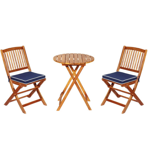 3 Piece Patio Folding Wooden Bistro Set, Cushioned Chair, Navy