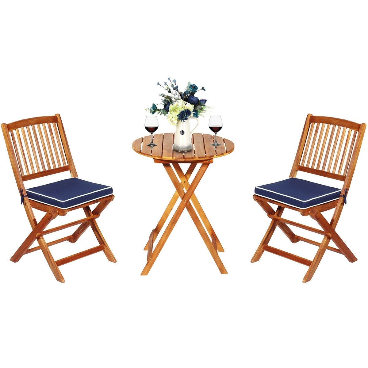 3 Piece Patio Folding Wooden Bistro Set, Cushioned Chair, Navy Patio Conversation Sets at Gallery Canada