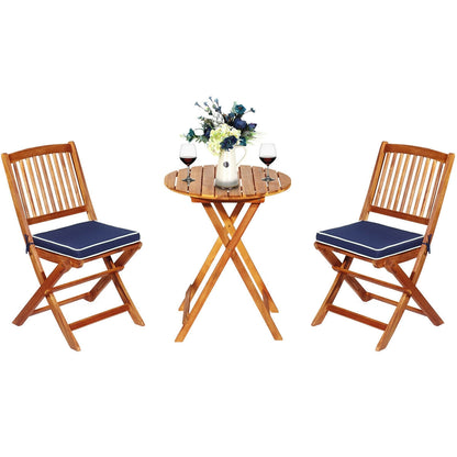 3 Piece Patio Folding Wooden Bistro Set, Cushioned Chair, Navy Patio Conversation Sets at Gallery Canada