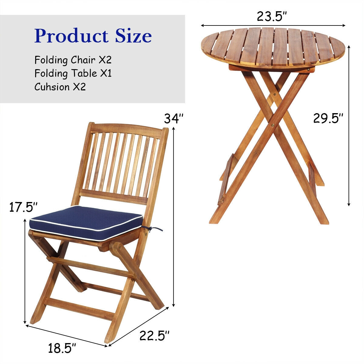 3 Piece Patio Folding Wooden Bistro Set, Cushioned Chair, Navy Patio Conversation Sets at Gallery Canada