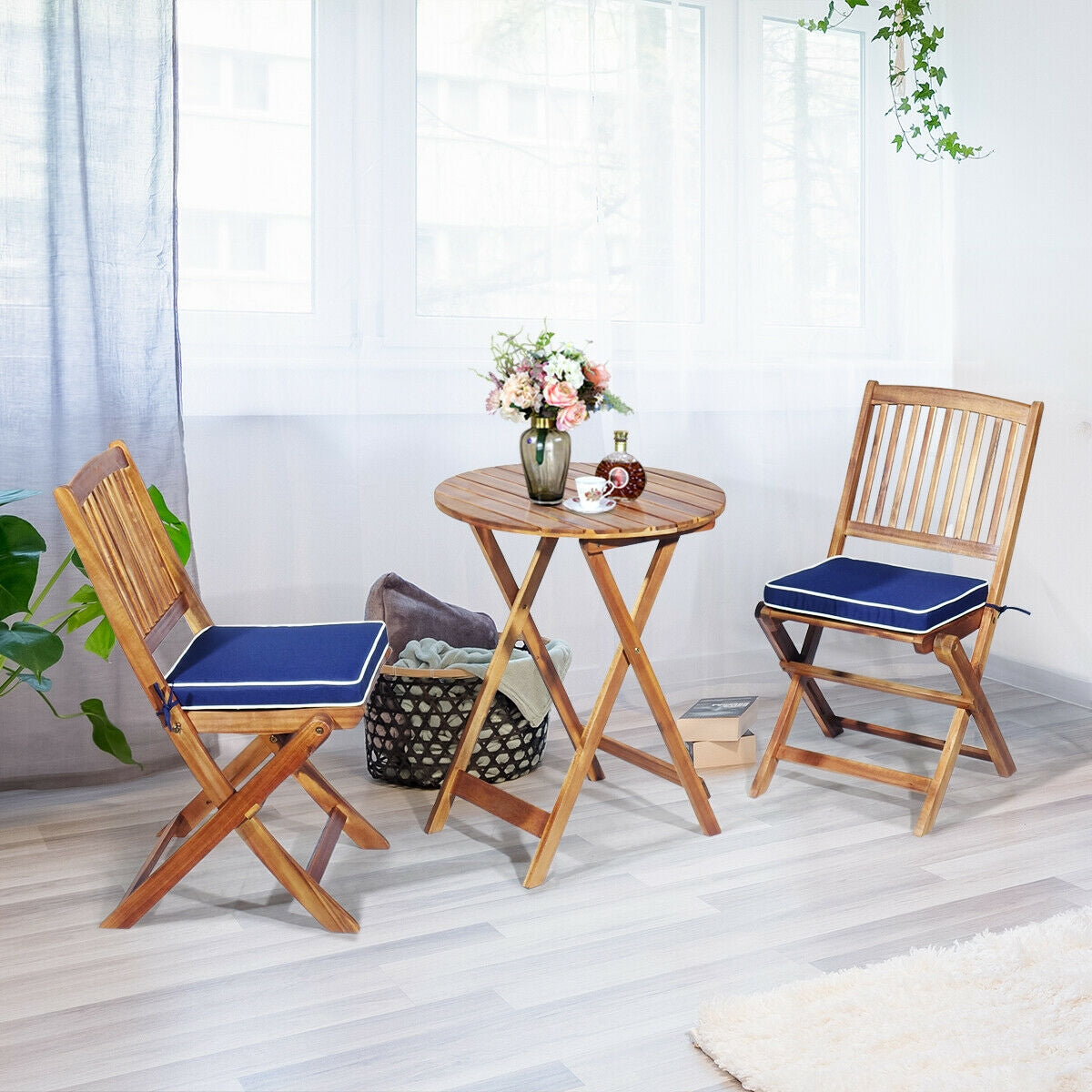 3 Piece Patio Folding Wooden Bistro Set, Cushioned Chair, Navy Patio Conversation Sets at Gallery Canada