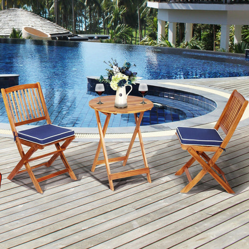 3 Piece Patio Folding Wooden Bistro Set, Cushioned Chair, Navy
