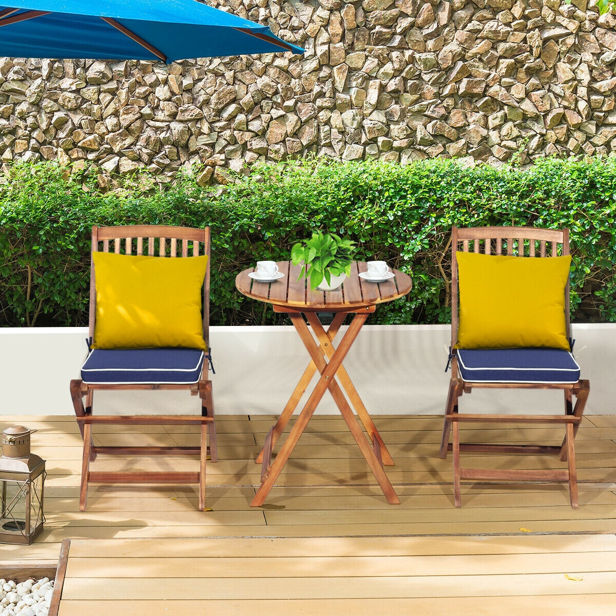 3 Piece Patio Folding Wooden Bistro Set, Cushioned Chair, Navy Patio Conversation Sets at Gallery Canada