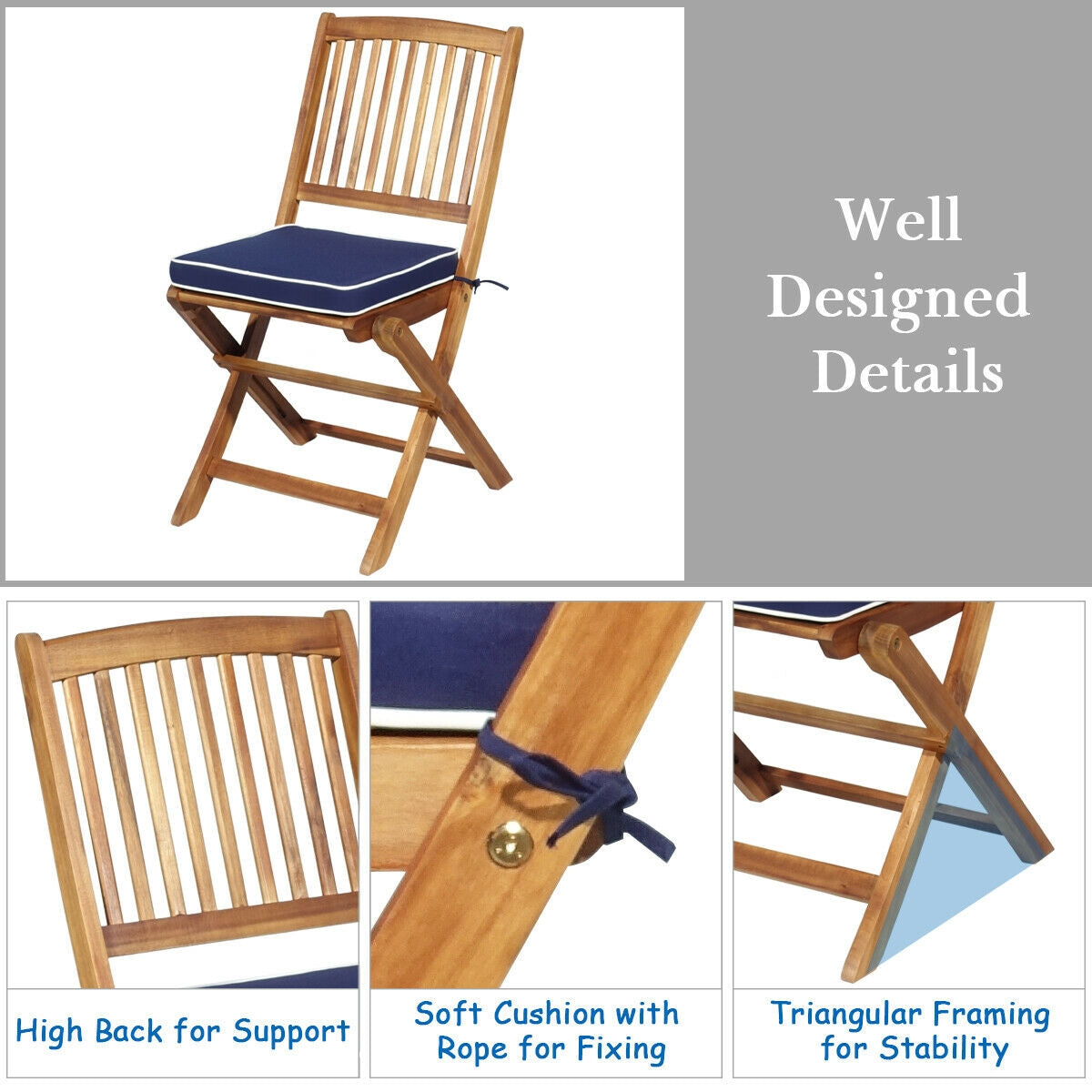 3 Piece Patio Folding Wooden Bistro Set, Cushioned Chair, Navy Patio Conversation Sets at Gallery Canada