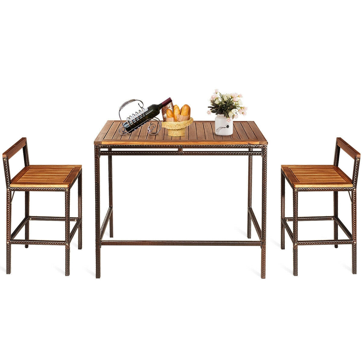 3 Pieces Patio Rattan Wicker Bar Dining Furniture Set, Natural Patio Bar Furniture at Gallery Canada