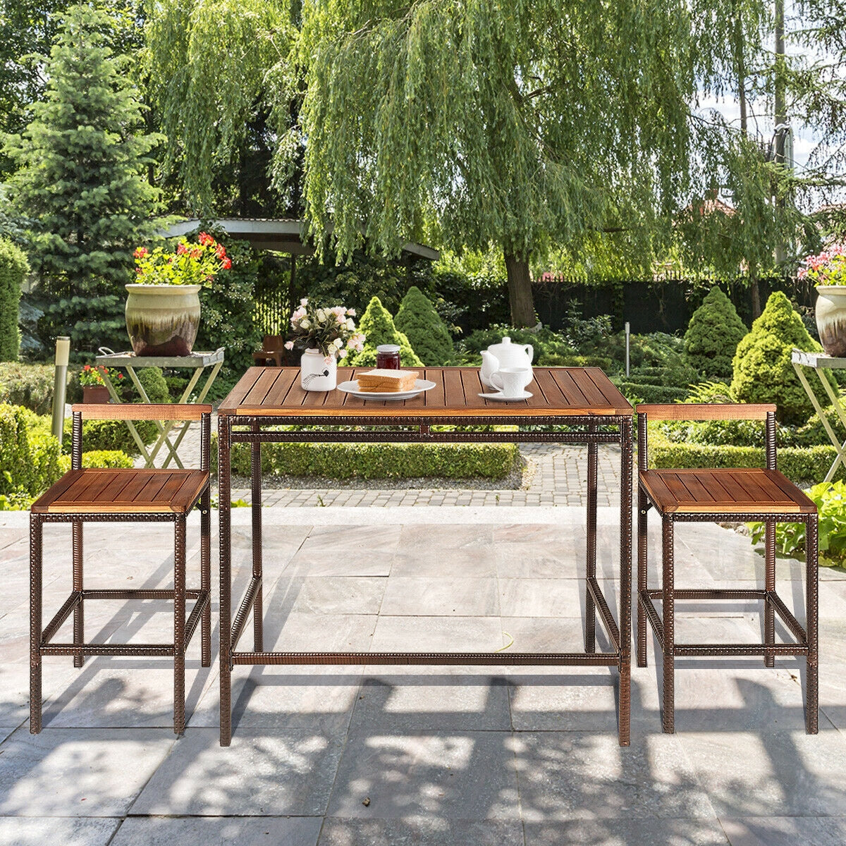 3 Pieces Patio Rattan Wicker Bar Dining Furniture Set, Natural Patio Bar Furniture at Gallery Canada