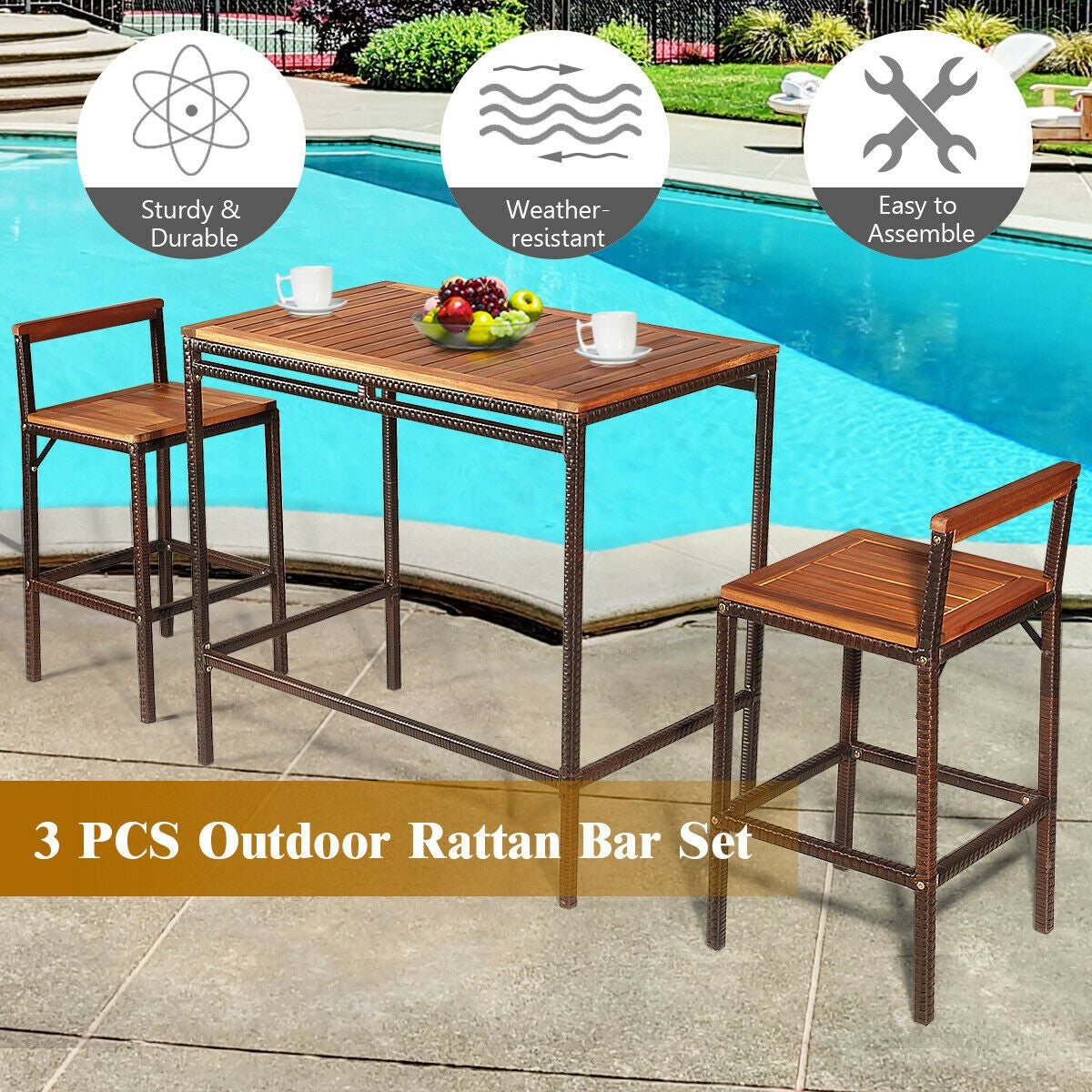 3 Pieces Patio Rattan Wicker Bar Dining Furniture Set, Natural Patio Bar Furniture at Gallery Canada