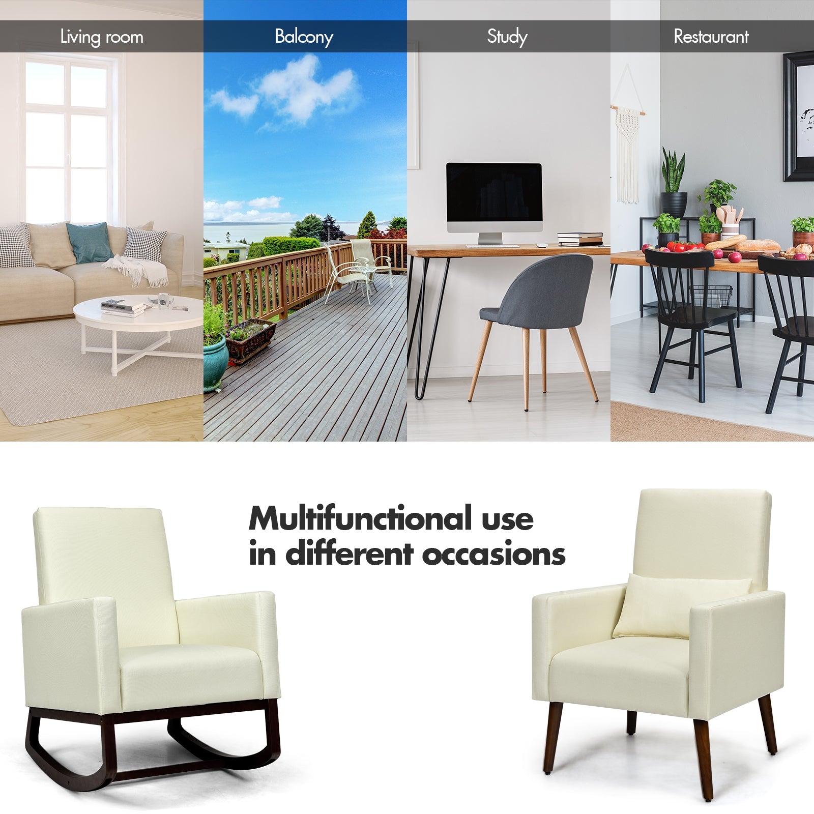 2-in-1 Fabric Upholstered Rocking Chair with Pillow, Beige Accent Chairs at Gallery Canada