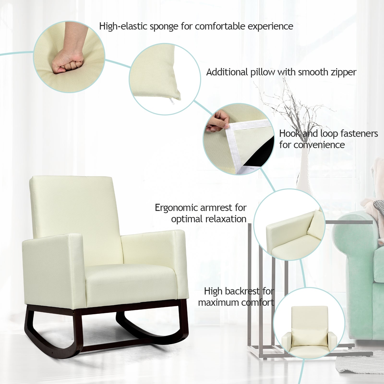 2-in-1 Fabric Upholstered Rocking Chair with Pillow, Beige Accent Chairs at Gallery Canada