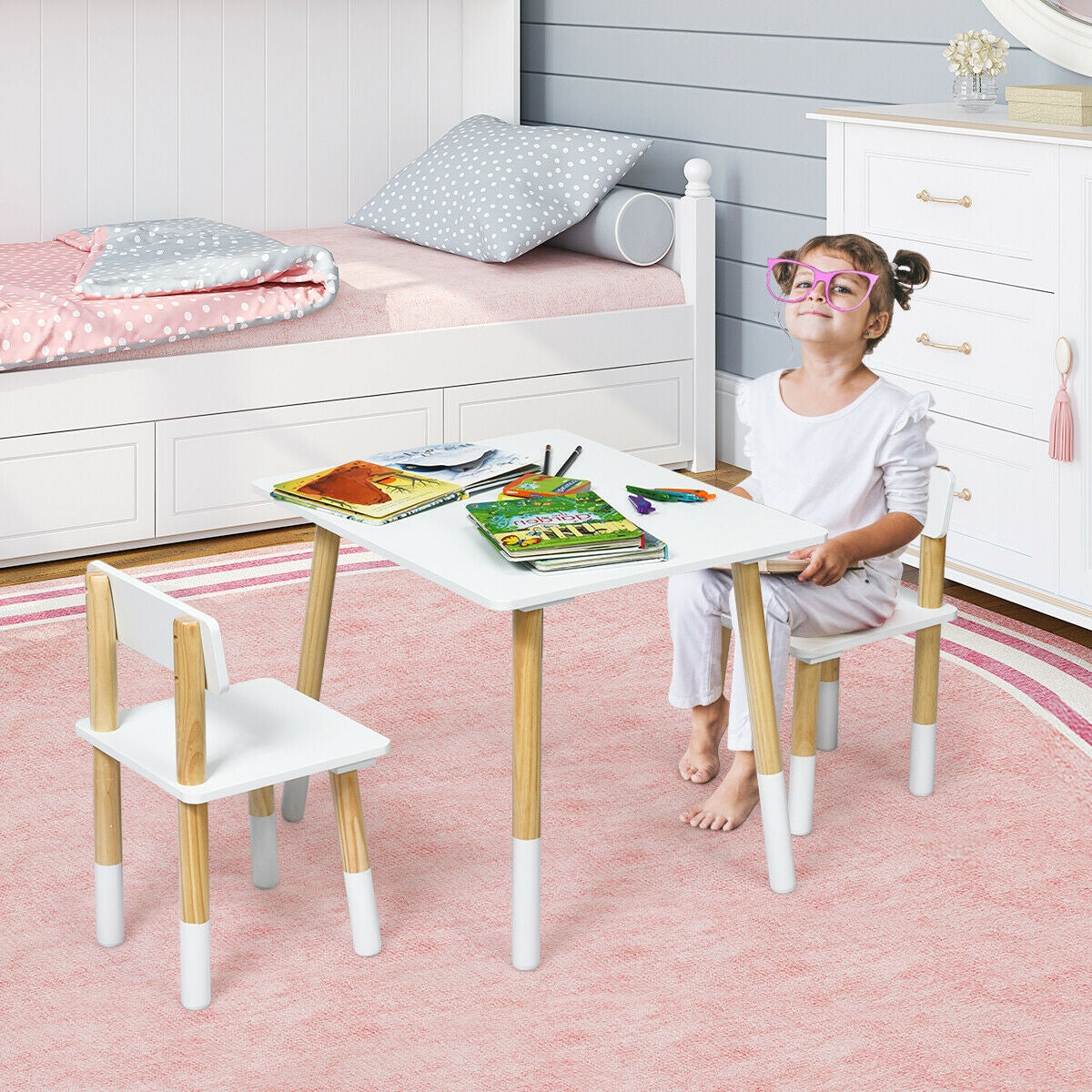 Kids Wooden Table And 2 Chairs Set, White Kids Table & Chair Sets at Gallery Canada