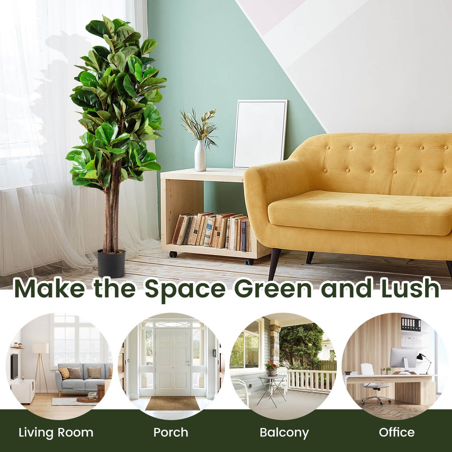 5 Feet Artificial Fiddle Leaf Fig Tree Decorative Planter, Green Faux Plants at Gallery Canada