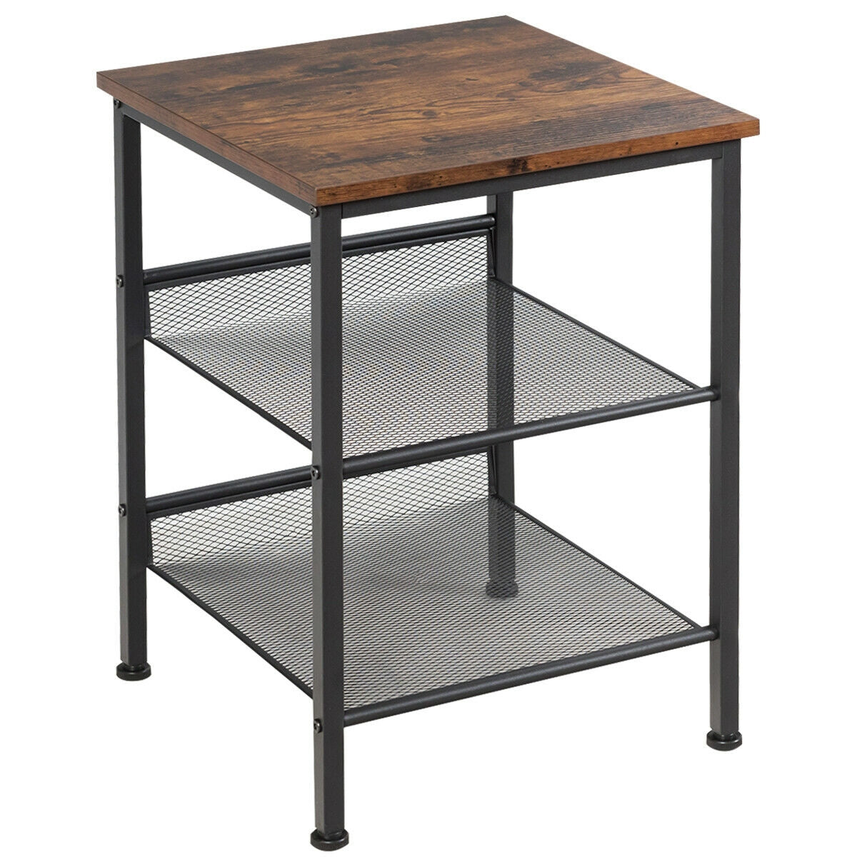 3-Tier Industrial End Table, Mesh Shelves, Adjustable Shelves, Rustic Brown
